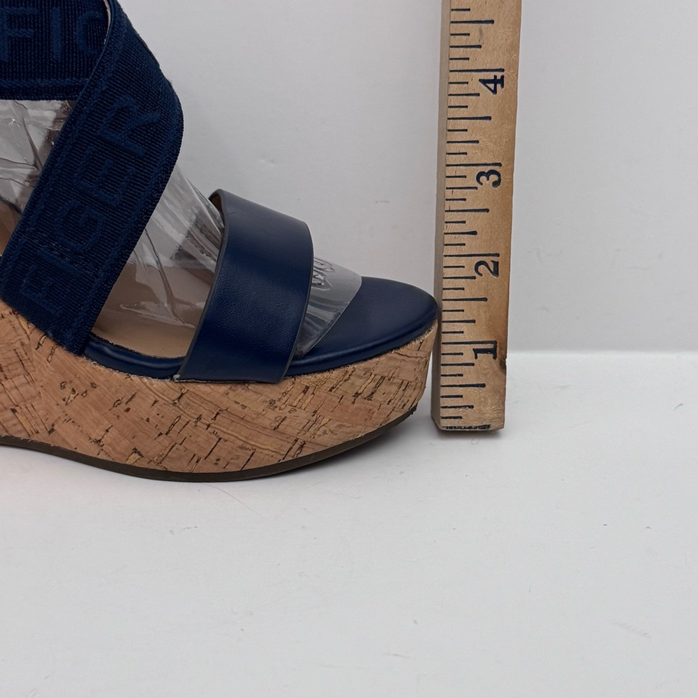 Tommy Hilfiger Woman’s Wedge Sandals Size7.5 Navy Blue Cork Platform Logo Straps - Picture 10 of 13